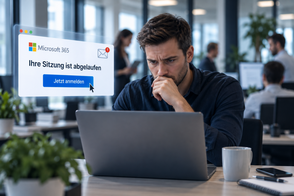 Mitarbeiter prüft eine verdächtige Microsoft-365-Anmeldung als Beispiel für Social Engineering.